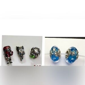 Set of 5 charms: Blue Glass Starfish & Multicolor Superhero Character Charms